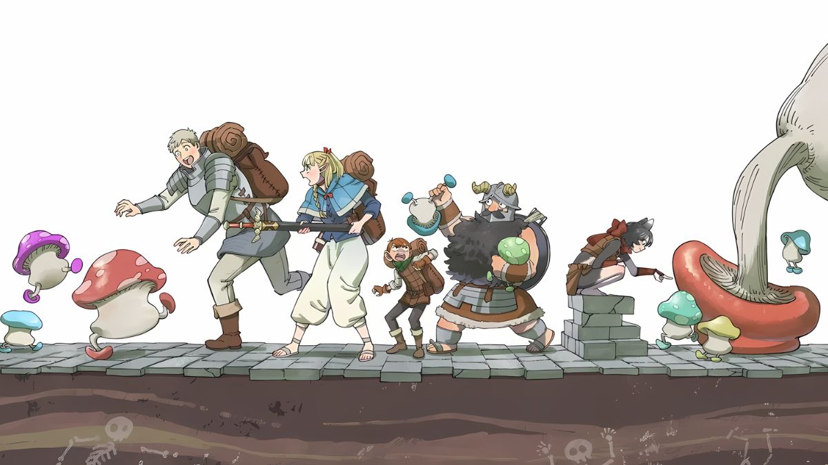 Delicious-in-Dungeon-season-2-announcement-illustration-featuring-the-main-cast-chasing-mushroom-monsters-together